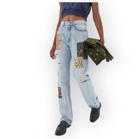BDG Urban Outfitters High‑Waist Patchwork Cowboy Jeans 25 Boho Statement Denim - Picture 3 of 16